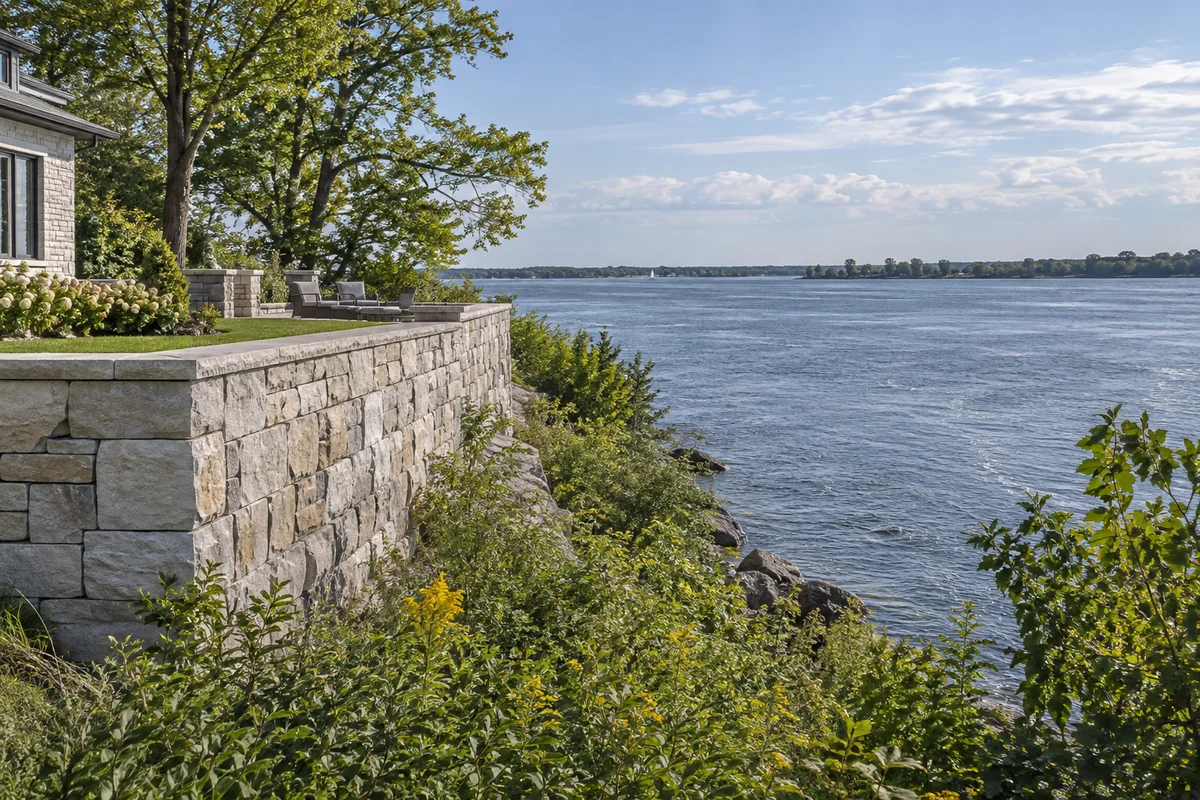 Armour Stone Retaining Walls active worksite overview in Cornwall, Ontario